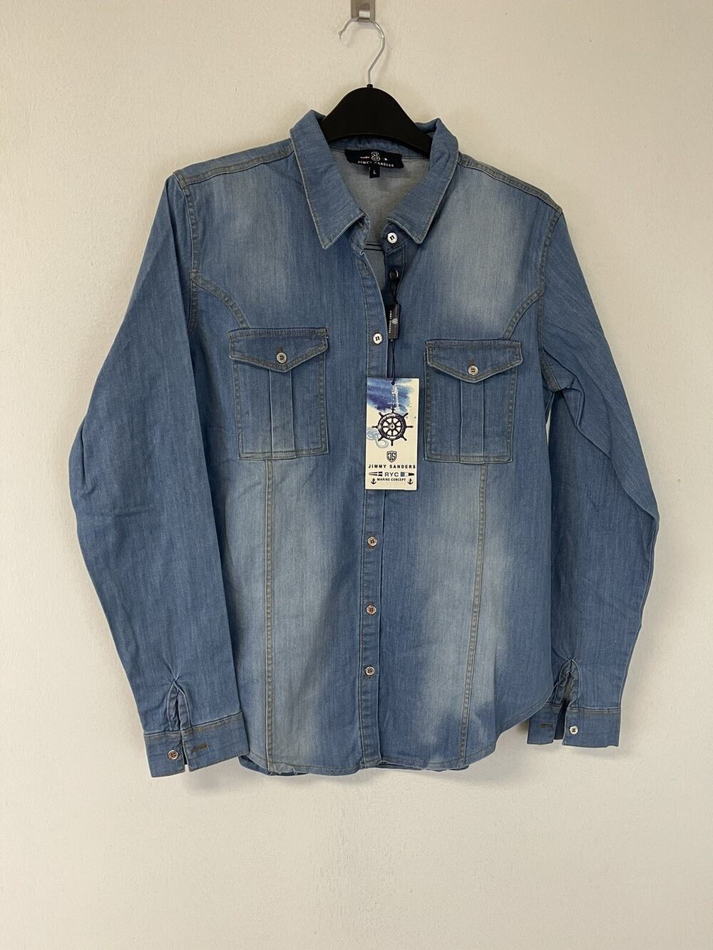 Jimmy Sanders Shirt Womens Medium Button Up Blue Distressed Jean Denim N211